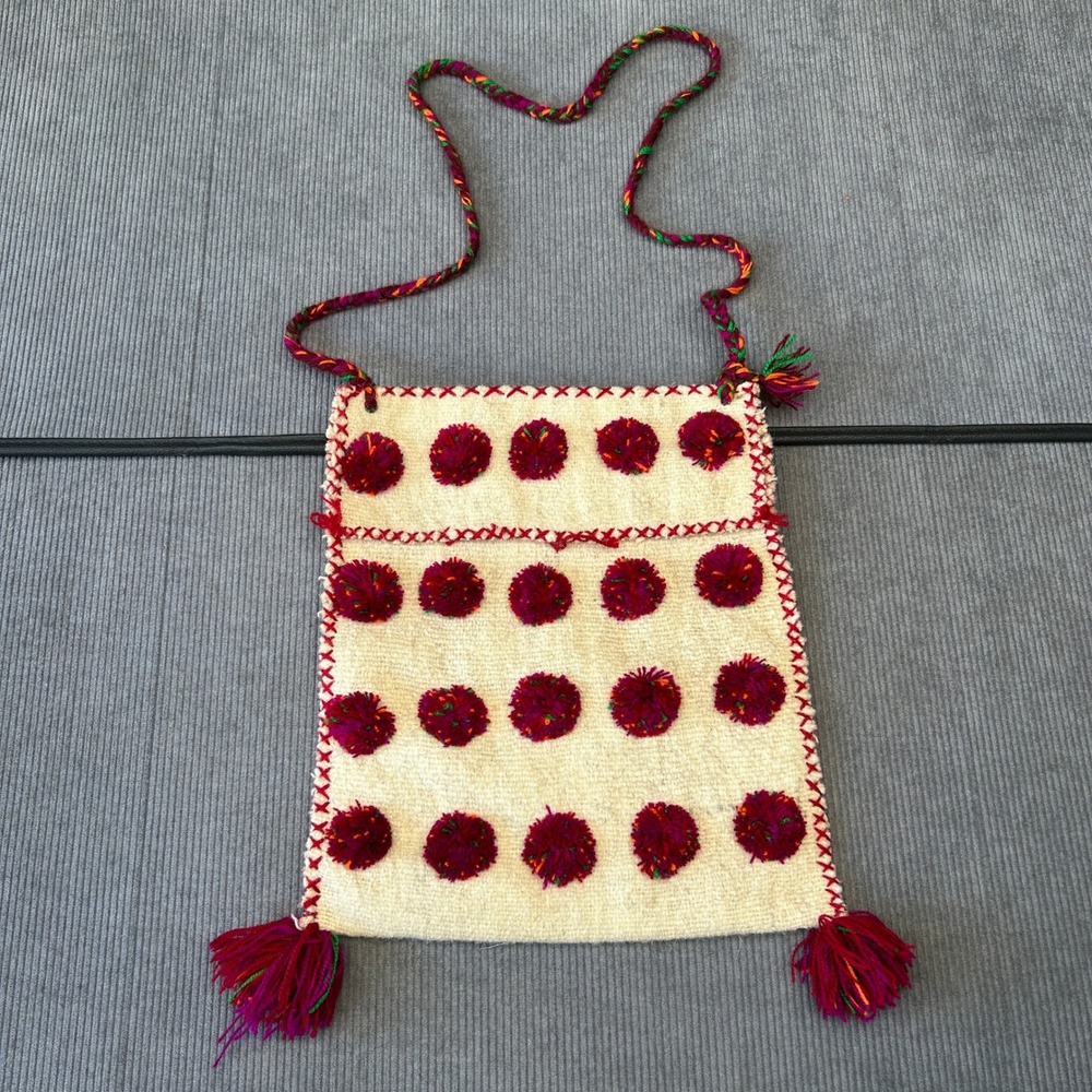 Vintage Cream Wool Pom Pom Crossbody Bag Magenta Tassel Boho Artisan Folk Purse